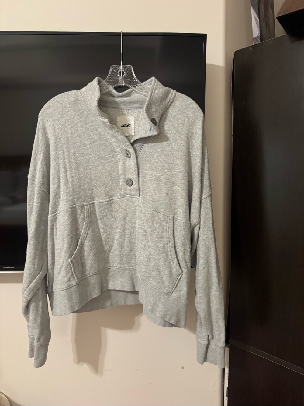 aerie Gray Button-Front Funnel Neck Pullover